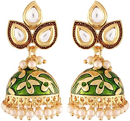 I Jewels 18k Gold Plated Meena Work Pearl Studded Jhumki Earring For Women (E2924G)