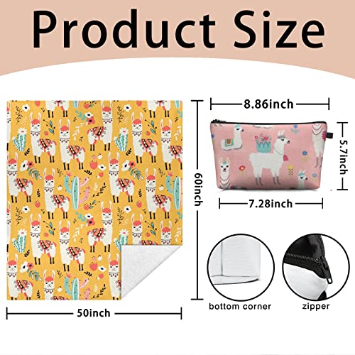 White Llama Cactus Flowers Sherpa Throw Blankets Winter Bed Blanket Warm Sofa Decor Gift Blanket 50X60 Inch With 1 Cosmetic Bag #TOP1