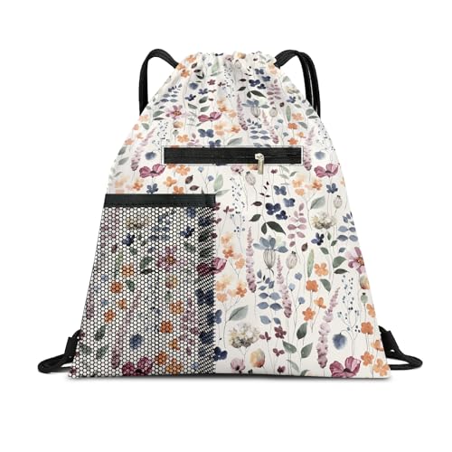 Drawstring Backpack Sports Gym Bag, Large String Swim Bag for Beach With Water Bottle Mesh Pocket, Cute Gym Sack with Zipper Pocket for Men Women Boho Flowers