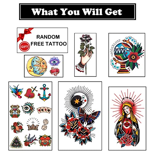 Pusnmi Vintage Temporary Tattoo For Men Women Flower Butterfly Realistic Waterproof Temporary Tattoos Sun Moon Poker Pigeon Custom Traditional Tattoo Old School Stickers For Arm Hand Foot Party Club #TOP6