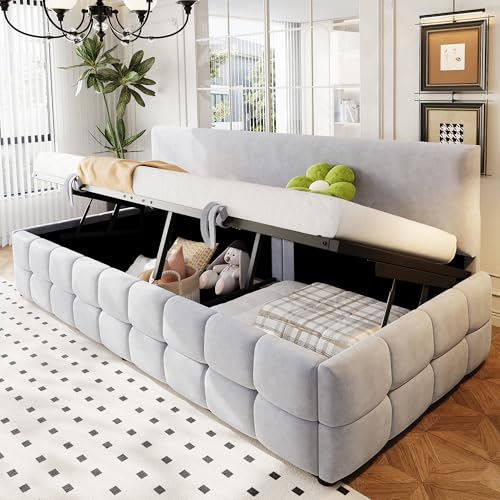 YESGIGA Cama tapizada para sofá cama de 90 x 200 cm, con espacio de almacenamiento hidráulico, respaldo sin reposabrazos, con estampado de cuadros clásico en el borde inferior (gris claro)