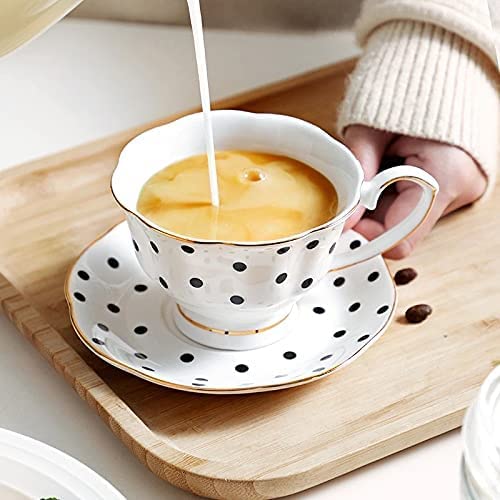 Zodensot 200Ml Vintage Style Black And White Polka Dot Striped Bone China European Style Gold Rimmed Coffee Cup And Saucer Set Ins Photo Afternoon Tea Birthday Party Gifts (2 X Polka Dot) #TOP1
