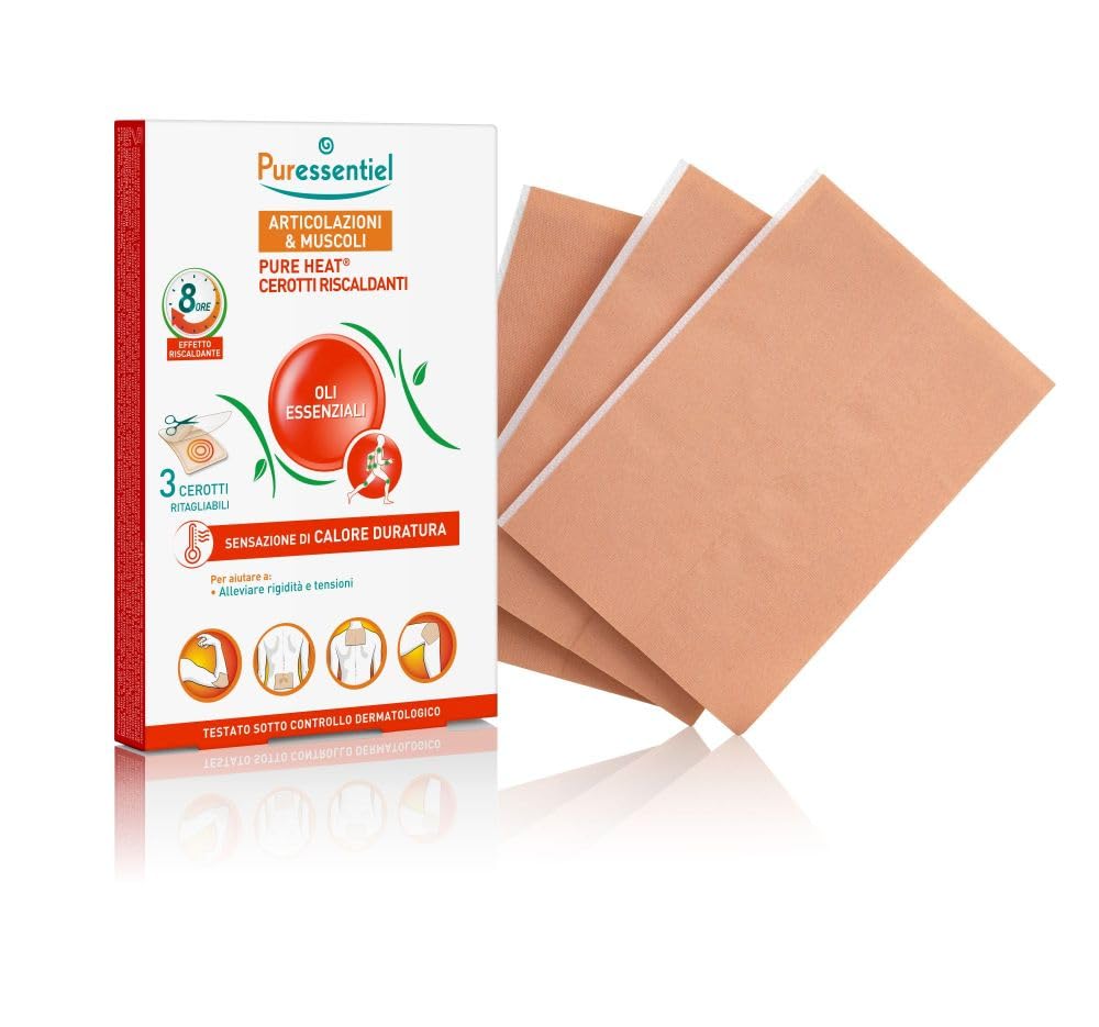 Puressentiel – Articolazioni e Muscoli Cerotti riscaldanti – Con 14 oli essenziali e Capsico – Effetto riscaldante per 8 ore – Aiutano ad alleviare rigidità e tensioni muscolari – 3 cerotti