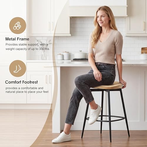 Image of 25 inch Swivel Backless Saddle Bar Stools Set of 2, Unstained Raw Wood | Solid Wood Saddle Seat with Metal Legs, Footrests and Non-Marking Feet for Kitchen Island