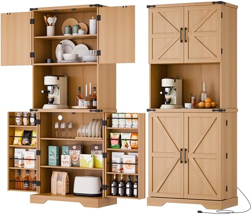 Cozy Castle 74" Farmhouse Pantry Cabinet with Charging Station, Tall