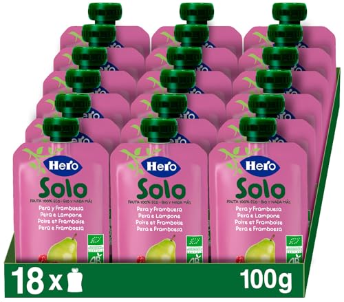 Hero Solo Bio, Frutta Frullata 100% Bio, Senza Zuccheri Aggiunti, Purea di Pera e Lampone - 18 Confezioni da 100 gr