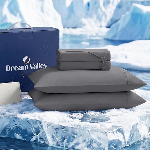 Image of Dream Valley Cooling Sheets Queen Size, Cooling Fitted Breathable Bed Sheets & Flat Sheet with 2 Pillowcases-4 PCS for Night Sweats & Hot Sleepers, Q-Max >0.45 Aerocool, Deep Pocket 16 inch,Gunmetal