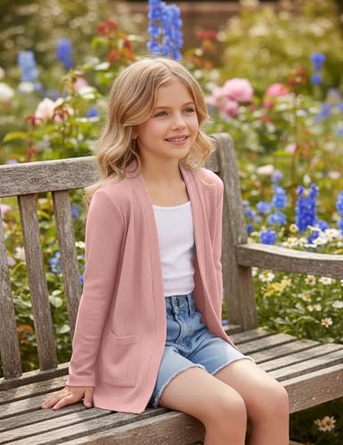 Image of Girls Open Front Cardigan Casual Lightweight Long Sleeve Ribbed Knit Sweater Soft Outerwear Coat with Pockets