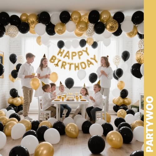 Image of PartyWoo Black and Gold Balloons 66pcs 12 Inch Matte Black White Metallic Chrome Gold Confetti Balloons for Graduation Baby Shower Birthday New Year's Eve Anniversary Bachelorette Party Decorations