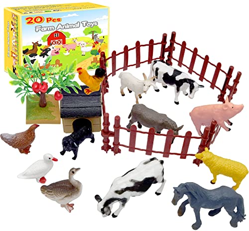 Farm Animal Toys, 20 Pcs Plastic Farm Animals Figurines and Fences Farm Playset, Cake Topper Learning Toy for Kids Boys Girls Toddlers