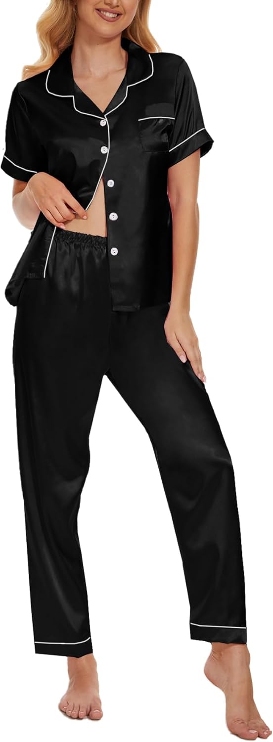VENTELAN Womens Silk Satin Pajama Sets Short Sleeve Button Down Top and Long Pants 2 Piece Pjs Set Soft Sleepwear