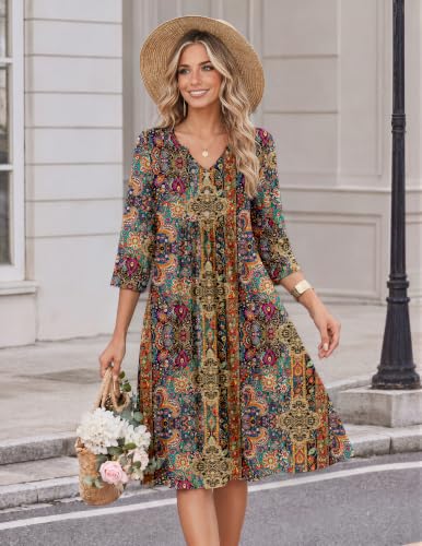 Image of Zeagoo Womens Dresses 3 /4 Sleeve Casual Fall A Line Midi Dress with Pockets