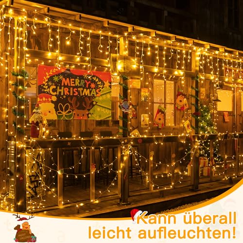 Ollny Eisregen Lichterkette Außen 10m 400 LED Lichterkette außen Strom mit Fernbedienung, wasserdicht Weihnachtsbeleuchtung außen mit Timer 8 Modi für Balkon Weihnachten Haus Carport(warmweiß)