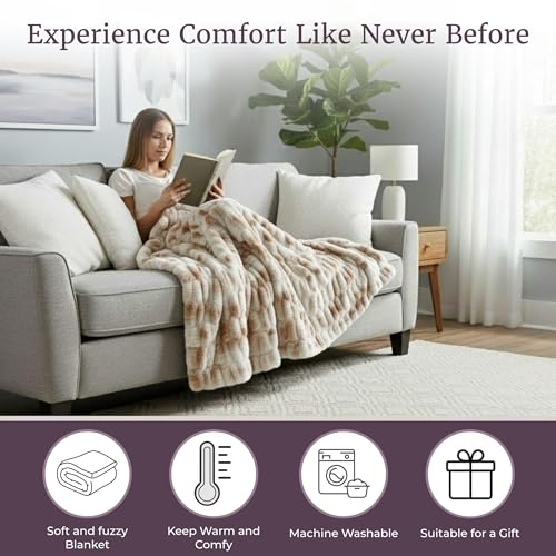 Image of Lavish Home Oversized Ruched Faux Fur Blanket - 60x80-Inch Jacquard Faux Fur Queen-Size Throw for Sofas and Beds - Luxurious Bedding (Beige)