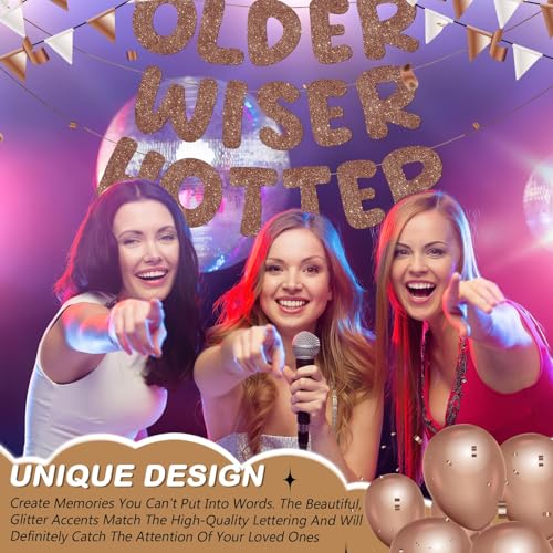 Image of Fulmoon Set of 3 Pre Strung Older Wiser Hotter Glitter Banner Funny Birthday Banner for Women 30th 40th 50th 60th 70th 80th Birthday Party Decorations Sign Gift (Brown)