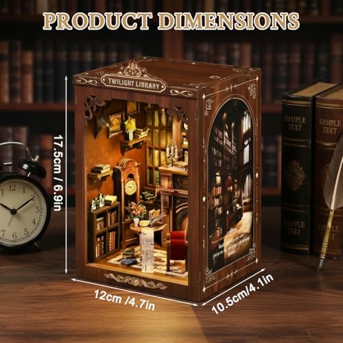 Image of PATPAT Book Nook Kit DIY Miniature House Kit with Vintage Fireplace, Bookshelves & Furnitur for Bookshelf Decoration & Creative Craft Assembly, Twilight Library Doll House Set for Kids 12*10.5*17.5cm