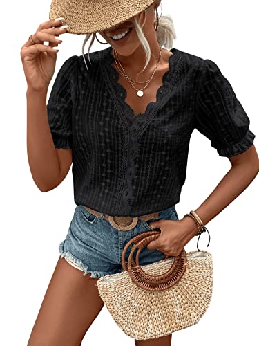 GORGLITTER Bluse Damen Kurzarm Oberteile Damen Elegant Schwarz mit V...