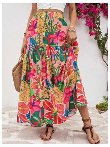 Verdusa Women's Boho Floral Print Ruffle Maxi Skirt High Waisted A Line Flowy Long Western Skirts4