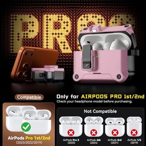 Image of Inesore for AirPods AirPods Pro 1st /2nd Case with Secure Lock (Pink) | Phone Stand Design,Compatible with MagSafe,Automatic Snap Switch Secure Cover with Cleaner Kit & Keychain