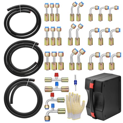 Langina 32pcs AC Hose and Fitting Kit 6.5FT #6#8#10 Air Conditioning A/C Hose and #6#8#10 A/C Line Adapters Automotive Air Conditioning Hose Repair Kit with R134a Pressure Valve