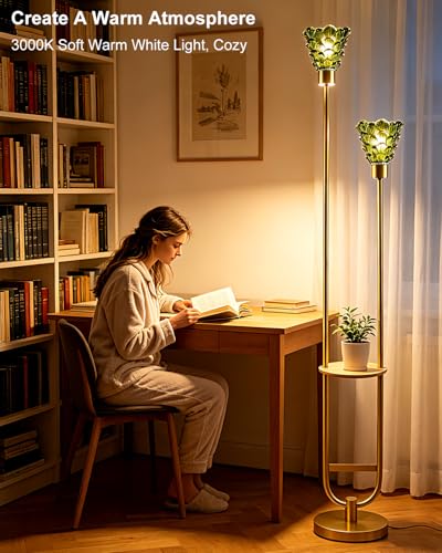 Image of Lightdot 2-Lights Modern Glass Floor Lamp with Shelf Gold Standing Tall Lamps with Green Shell Glass Shade,LED Floor Lamp with Foot Switch for Living Room Bedroom Home Decor (3000K Bulbs Included)