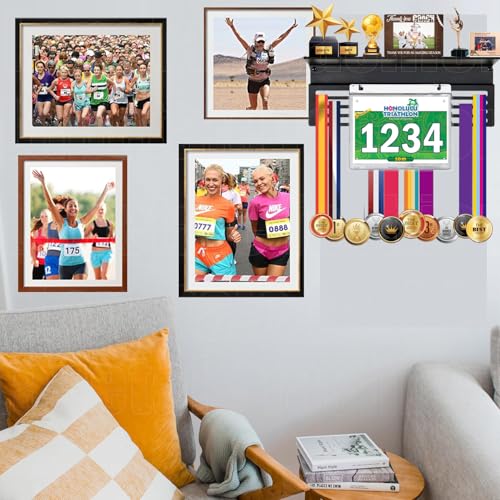 Image of Personalized Medal Holder with Name Display Rack for Awards Ribbons - Metal Custom Sports Race Plaques Hanger for Wall Mount Hold Up 63 Medal Hanger Display for Athlete Boy Girl Kid