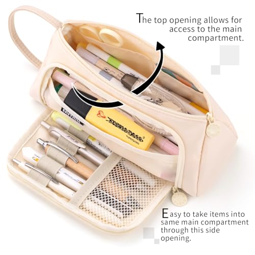 EASTHILL Pencil Case Large Capacity Pencil Pouch School Suppies Pen Case Stationery College Office Organizer for Girls Adults-Cream by EASTHILL - Image 2
