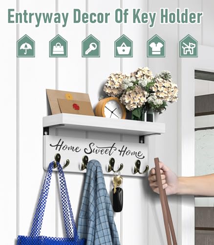 buways Key Holder Wall-Mounted Key and Mail Holder,Wooden Wall Shelf with Hooks with 4 Double Key Hooks - Image 2