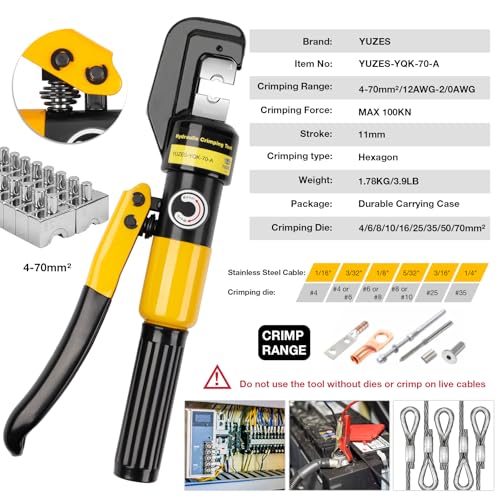 YUZES Hydraulic Crimping Tool 10 Tons, 12 AWG to 2/0 Battery Cable Crimper Tool with 9 Dies, Easy to Operate Hydraulic Wire Crimping Tool Kit for Wire Rope, Battery Cable Ends Ring Terminals
