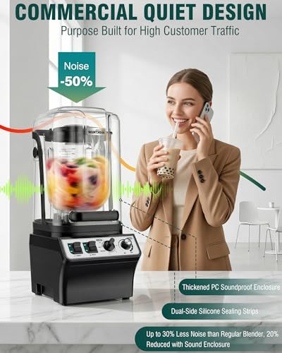 Image of WantJoin Commercial Blender- 80Oz Quiet Smoothie Blender with Soundproof Shield, Professional Ice Crusher Heavy Duty with Self-Cleaning, High-speed Ice Drink Maker for Restaurant Bars Cafe Home
