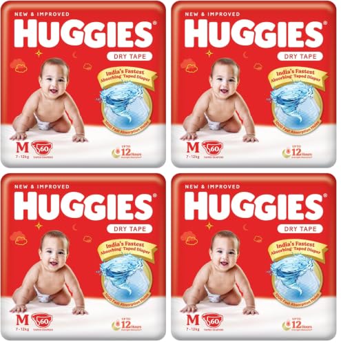 Image of Huggies Complete Comfort Dry Tape Medium (M) Size Baby Tape Diapers, 60 count, with 5 in 1 Comfort (Pack of 4)