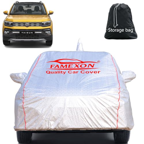 Image of Full Body Car Cover for Volkswagen Taigun with Mirror and Antena Pocket Triple Stiched(Silver with Red Piping)