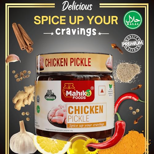 Image of MAHIKA FOODS Chicken Pickle, Andhra Style Homemade Fresh Chicken Pickles, Murgh Achar Authentic Taste of Kerala, Hot & Spicy, with Guntur Flavor, No Added Preservatives, Size: 250 Gm