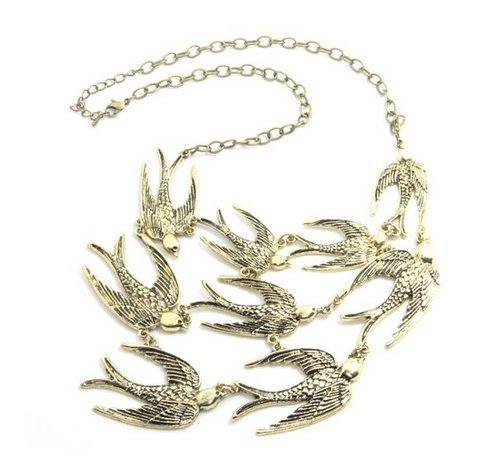Swallows charms necklace choker bronze tone vintage jewelry art deco loverly