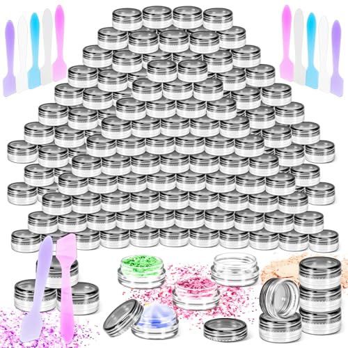 MotBach Paquete de 120 tarros de plástico de 3 g con tapas, recipientes redondos transparentes de 3 ml, tarros de maquillaje, frascos de tamaño de viaje de 3 gramos con espátulas para muestras de