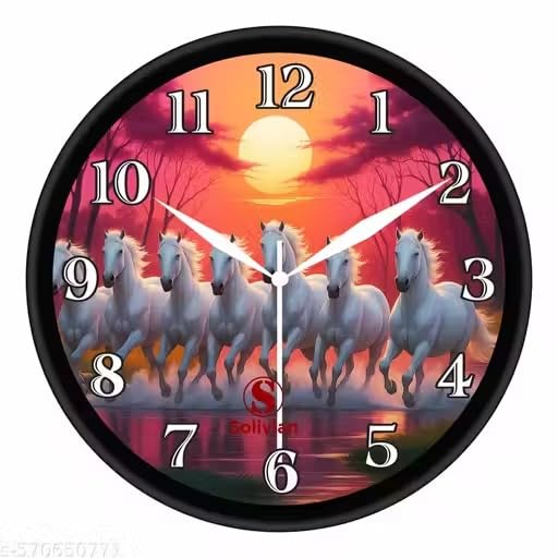 Image of Lucky 7 Running White Horses Vastu Wall Clock for Living Room & Home Decor | Round Analog Silent Non-Ticking Sunrise Watch | Feng Shui Decorative Timepiece for Office, Black Frame