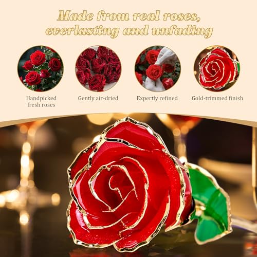 Mikasol Real 24K Gold Dipped Realistic Rose – Timeless Lifelike Bloom with Heart Puzzle Base – Romantic Red Flower Gift for Her, Wife, Girlfriend, Mom – Birthday, Anniversary, Mother’s Day (Red) - Image 3