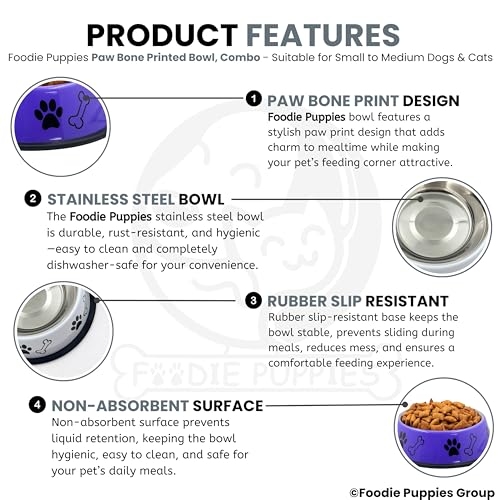 Image of Foodie Puppies Stainless Steel Dog Bowl Combo - (Medium, 700ml) Food and Water Feeding Gift Bowl | Suitable for Dogs, Cats and Other Pets I Paw Bone Print, Anti-Skid Rubber Base (Purple + White)