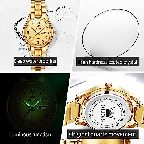 OLEVS Luxury Ladies Watches,Women's Watch with Day and Date,Female Watch for Small Wrist,Gold Stainless Steel Watches for Women,Easy Read Ladies Wrist Watches Waterproof(Adjustable Strap 5