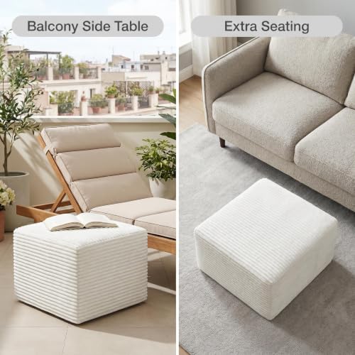 Image of 35.4 inch Corduroy Ottoman Foot Rest with Soft Memory Foam, White | Plush Pouf Compressed Footrest, Floor Foot Stool for Living Room, No Assembly Require