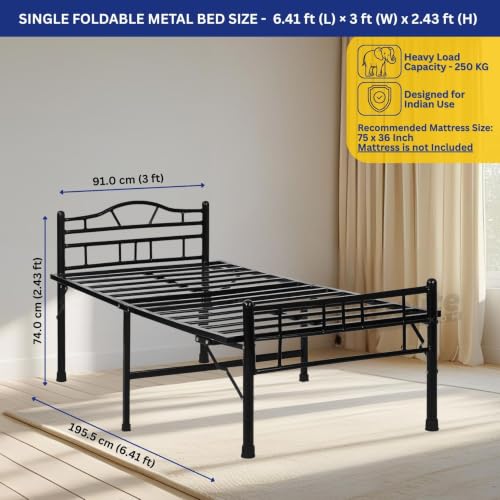 Image of Delite Kom Lyra Metal Bed | Single Size Folding Metal Bed (6.4 ft x 3ft) Foldable, Portable, No Installation | Strong Steel Frame | Powder Coated | For 75 inchx36 inch Mattress | Glossy Black |1 Year Warranty