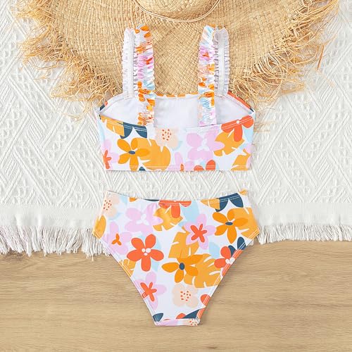 Girls Swimsuit Teens Kids 2 Piece Floral Bathing Suit Smocked Sleeveless Printed Tops Knotted Bottoms Cute Bikini Set3