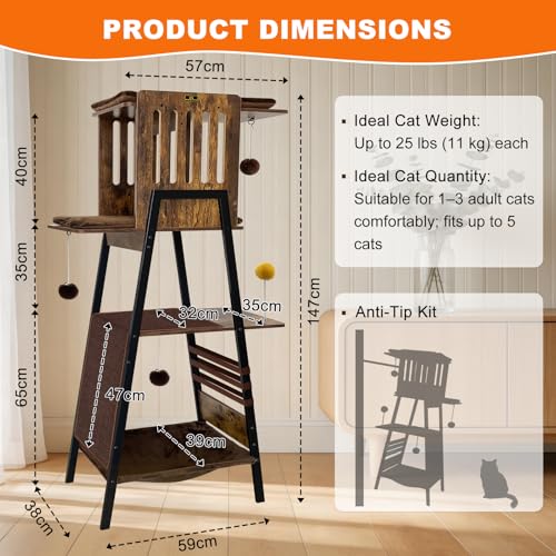 Image of 57 Inch Multi-Level Modern Cat Tree Tower with Hammock & Scratching Ramp - Wooden Heavy-Duty Cat Tower for Large Cats & Multi-Cat Households, Easy to Clean (Brown)
