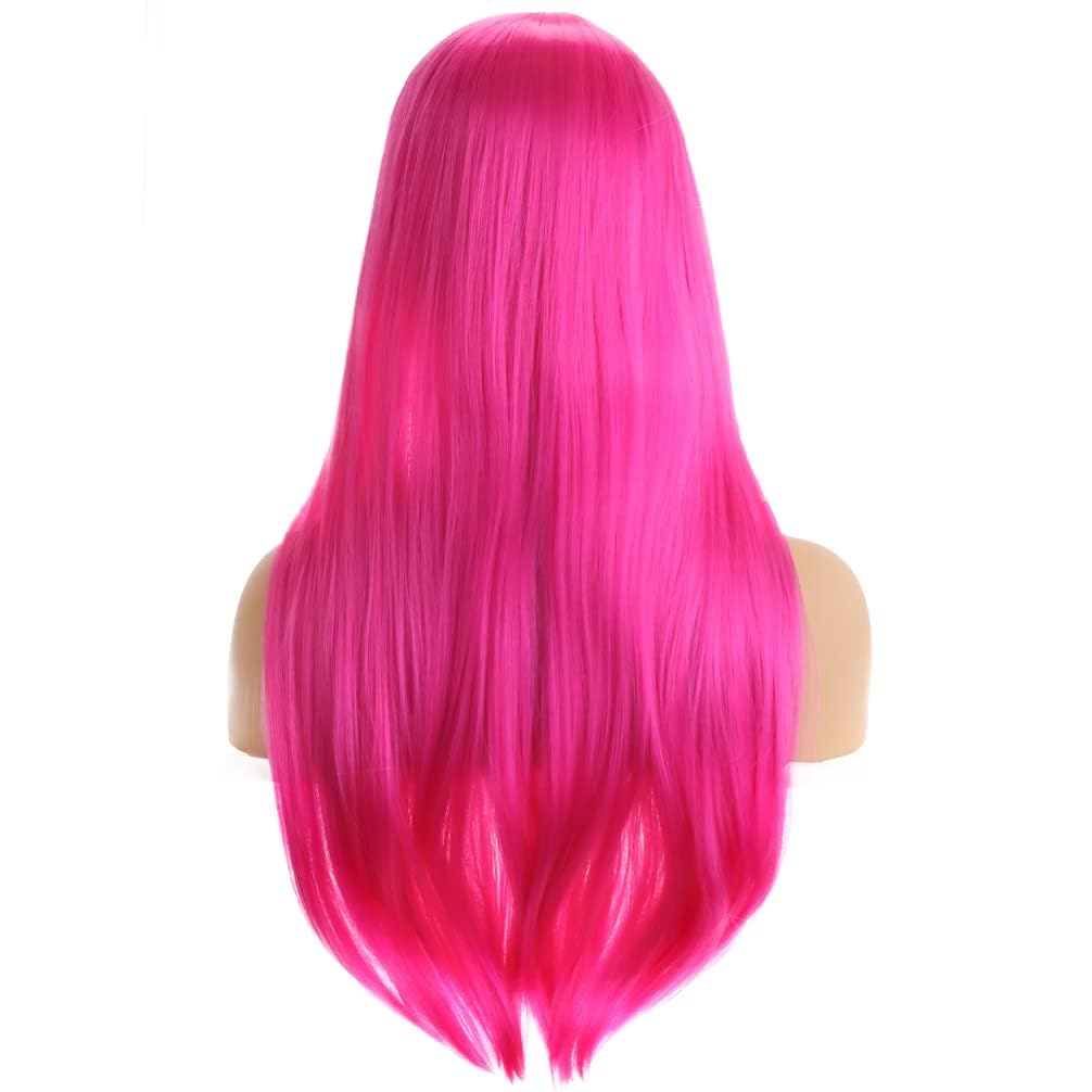 BERON 28 Inches Hot Pink Wig Middle Part Long Straight Synthetic Wigs for Women Cosplay Daily Party Hairnet Included