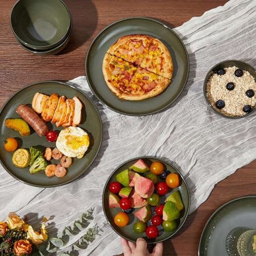 Image of Pokini 24 Piece Dinnerware Set for 8, Santorini Mist Terracotta Plates and Bowls Sets, Complete Stoneware Dish Set for Large Families and Entertaining, Microwave & Dishwasher Safe, Blackish Green