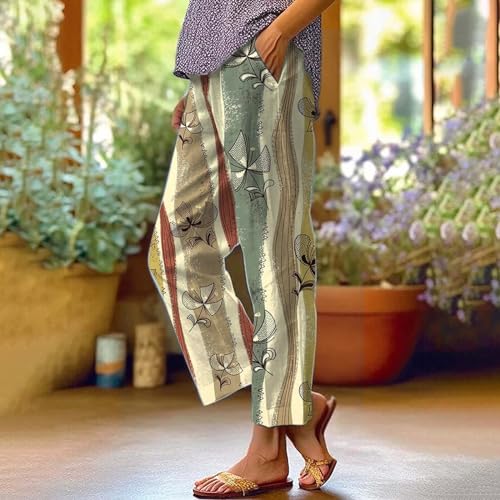Calça feminina de linho reta com estampa floral de verão com cintura elástica solta com bolsos, Z2c-