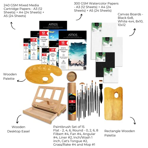 Image of ARTIOS Painting Kit for Artists - 142pcs Painting Set for Adults and Kids with Premium Desk Easel, Paintbrush Set, Mixed Media Cartridge Papers, Watercolor Papers, Canvas Boards, and Wooden Palettes
