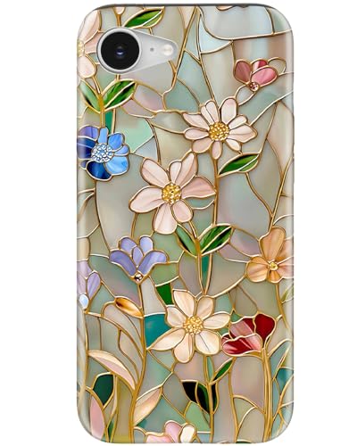 Image of Goodon for iPhone 16e Case Cute,Aesthetic Vintage Mosaic Stained Glass Shell Design,Glossy Floral Pattern,MagSafe Compatible,Preppy Trendy Y2K Protective Silicone Phone Cover for Women Girls | Dual-Layer Hard Shell + Silicone, Slim Fit Protective Phone Cover with Wildflower Designs for Women Girls