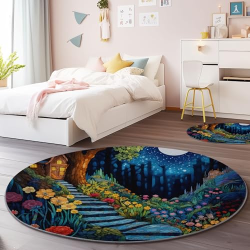 Genérico Alfombra Redonda Salón Pelo Corto 90 cm - Místico Sendero Forestal Jardín Imprimir Lavable Antideslizante Alfombras Redondas, Azul Oscuro Suave Franela Alfombra de Pelo Corto
