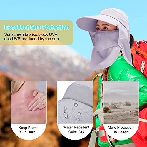 Image of Women Wide Brim Face Mask Sun Hat Detachable Neck Face Flap Ponytail UV Protection Visor Hat Garden Fishing Hiking